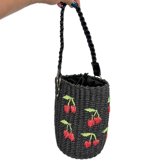 Anthropologie Fruit Basket Raffia Black Cherries Bag - Picture 1 of 12
